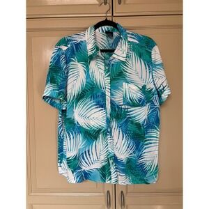 Basic Editions Womens XL Teal Blue Tropical Palm Leaf Rayon Short Sleeve Shirt